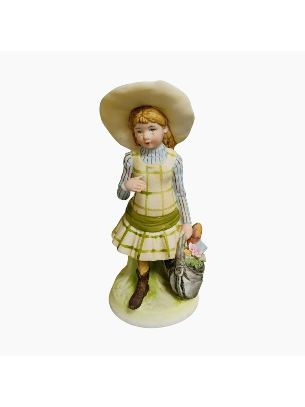 Vintage 1970s Holly Hobbie Figurine, 1973 School Girl with Straw Hat, Porcelain